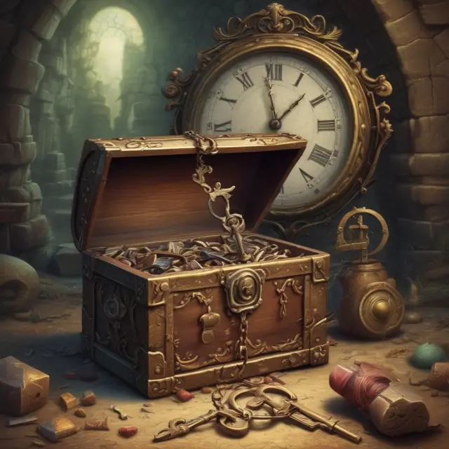 Lost key in hand activates an ancient clock, revealing an open treasure chest filled with unclaimed assets