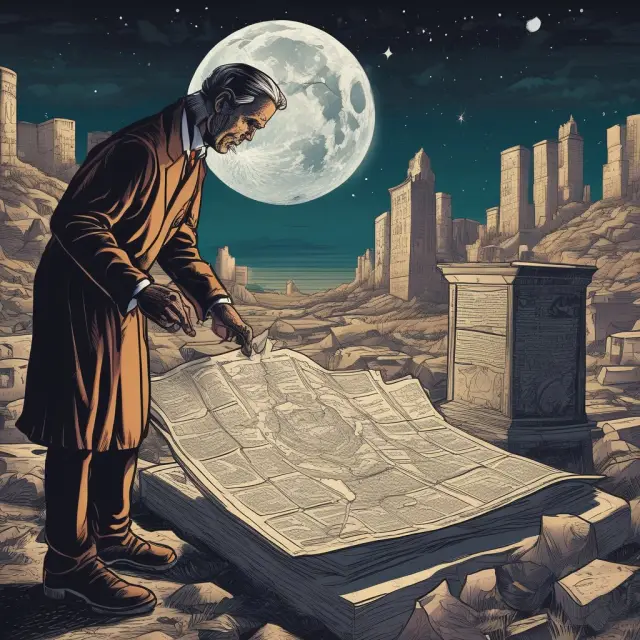 Escheat: An old map, will, and documents in a time capsule being collected by a government official under the light of the moon