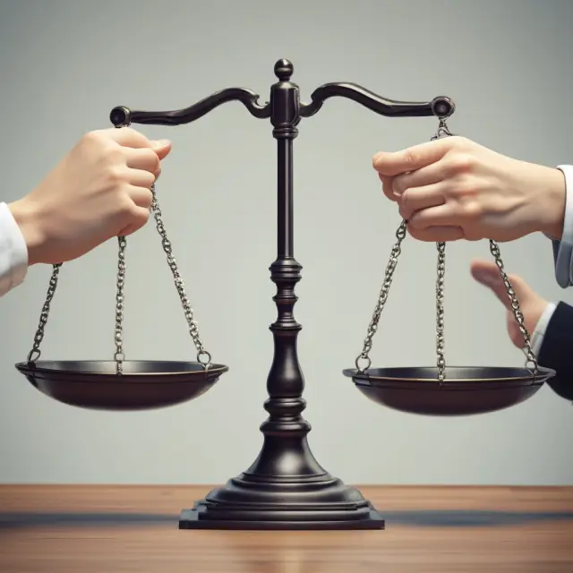 Handshake under a scale symbolizes trustworthy real estate escrow transactions
