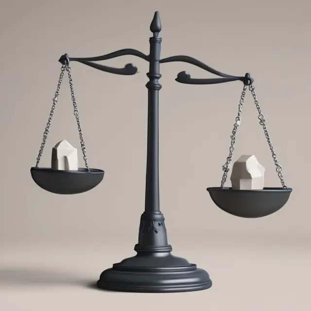 An escrow agent holds a scale, with one pan representing advantages and the other disadvantages, symbolizing the balanced protection and risk of using an escrow service