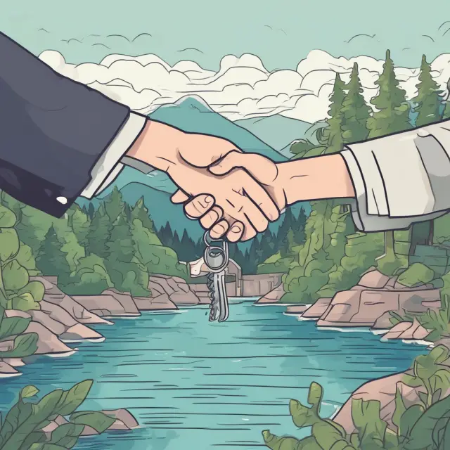 Two hands shaking while crossing a bridge made from mortgage payments; symbolizing the secure transfer of funds to an escrow account for property taxes and insurance