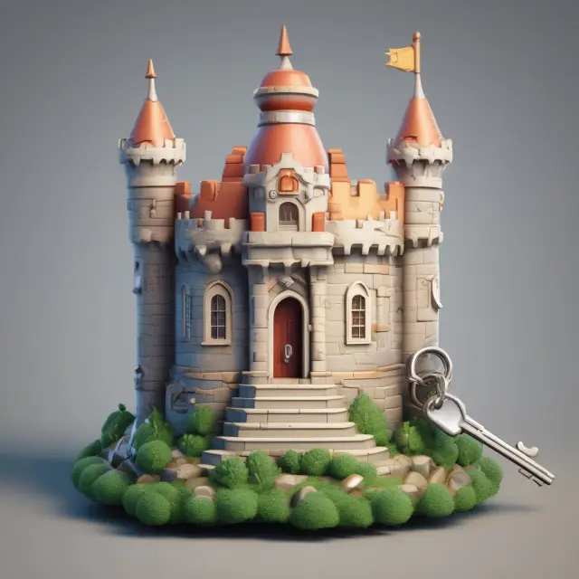 A medieval castle with a key and two hands shaking in the courtyard, representing secure online escrow transactions.
