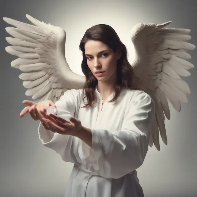 An image of an angelic figure holding out a protective hand over two parties engaging in a transaction, symbolizing the role of an escrow agent.