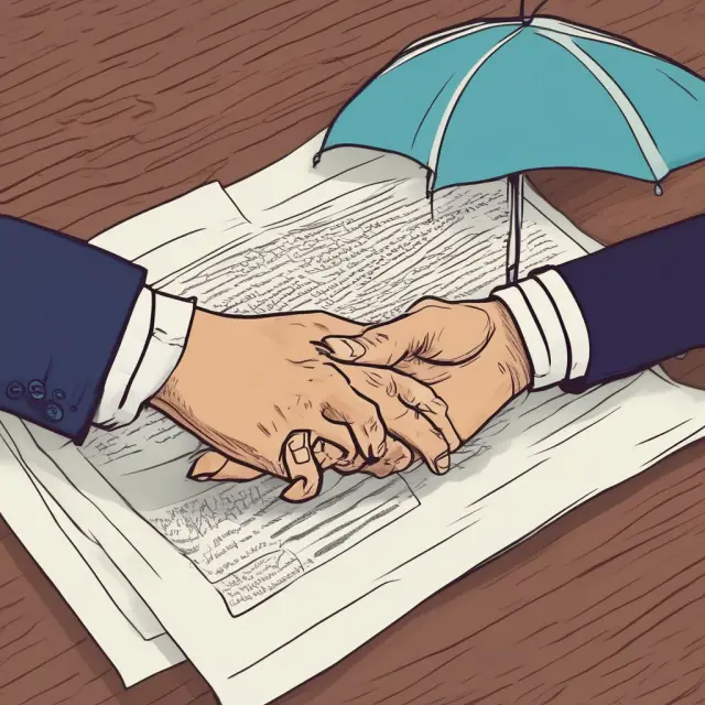 Two figures shaking hands beneath a canopy of legal documents; Escrow Agreement ensuring secure transactions