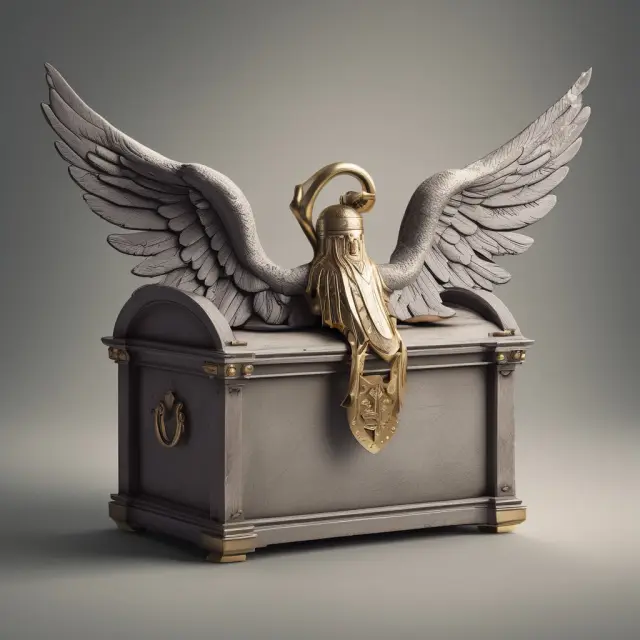 An impartial angel cradles a shielded chest, representing secure escrow agreements where third parties ensure trustworthy transactions between involved parties