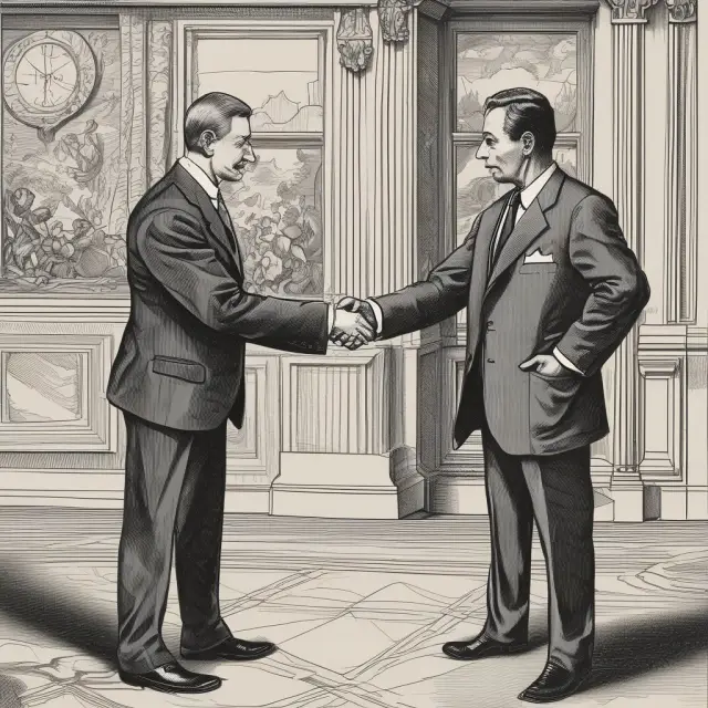 Neutral escrow agent overseeing handshake between international business partners, symbolizing trust and security