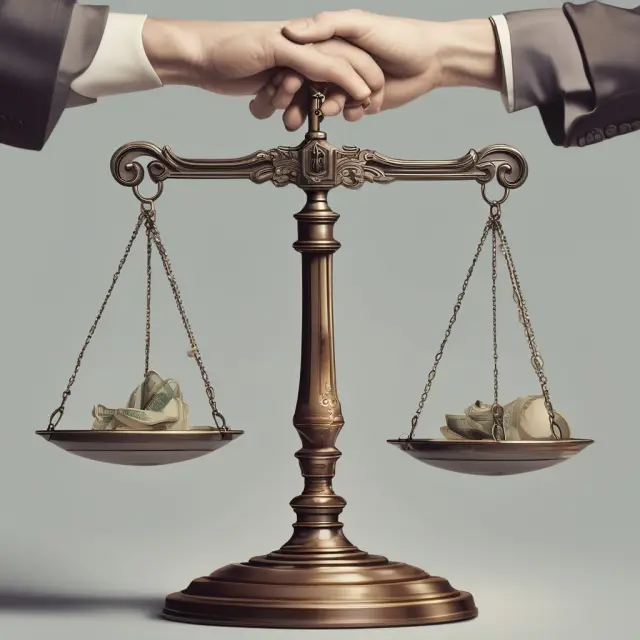 A trustee in a formal suit holds balance scales, with shares represented by golden weights on each side - illustrating secure and fair financial transactions through escrowing