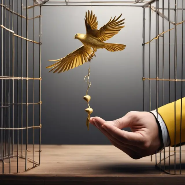 An executive freeing a golden bird from an escrowed cage, representing the release of vested shares to employees in employee compensation plans