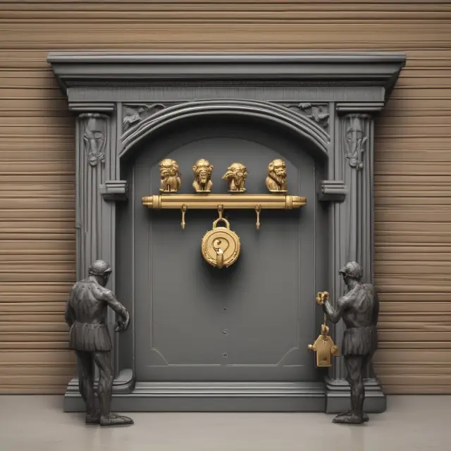 Three wise monkeys guarding an escrow vault during mergers and acquisitions, representing trust and security