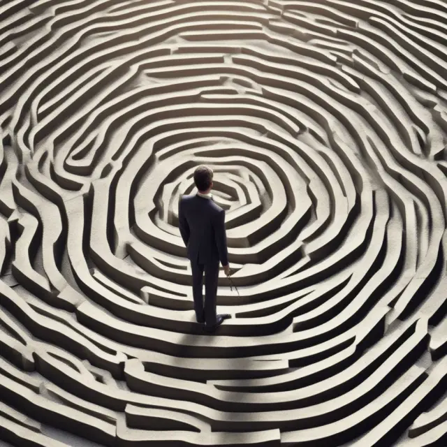 A person navigating a complex maze filled with symbols representing ESO challenges such as compliance, valuation, and international considerations
