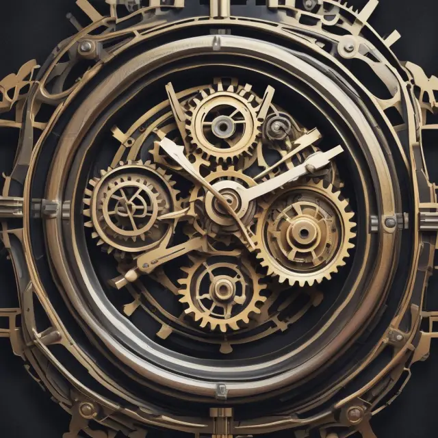 A clock mechanism with gears representing employees, management, and shareholders aligned around ESOs to create long-term value within a corporate governance structure.