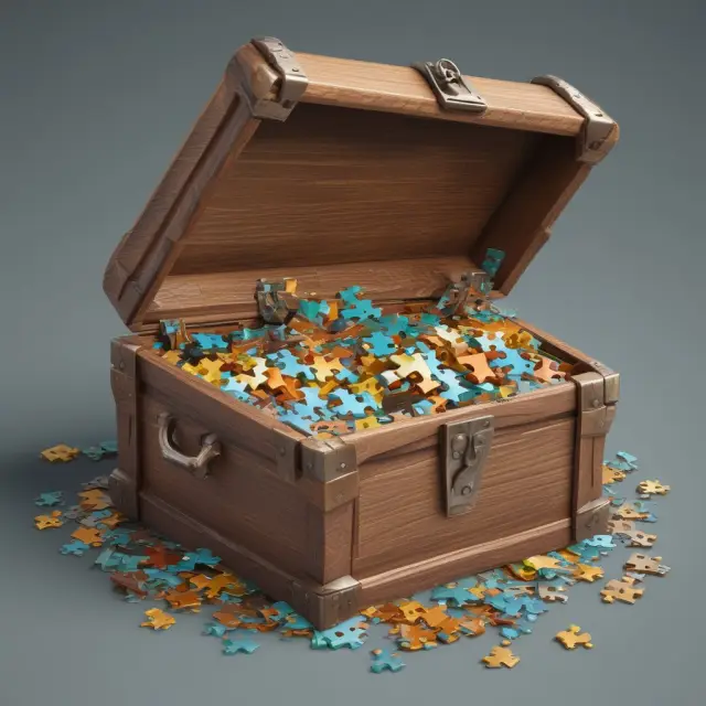 Metaphorical depiction of ESOs: employees connecting puzzle pieces representing their vested options, forming a treasure chest filled with potential rewards