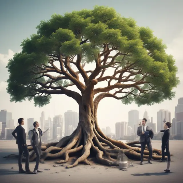 An image displaying a tree with branches connecting employees and employers, representing the interconnected benefits and growth through ESOPs