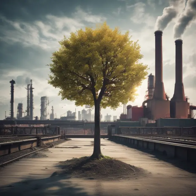 An image of a tree growing within a factory setting, representing ESOPs