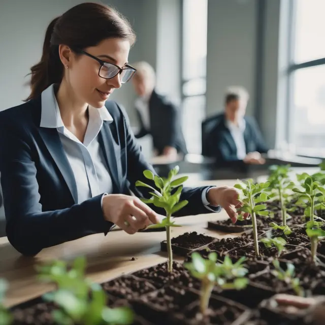 An institutional investor planting seeds in a flourishing garden of employee-owned companies, symbolizing their investment in long-term success and growth.