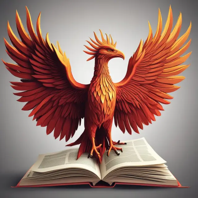 A mythical Phoenix emerging from an open book labeled 
