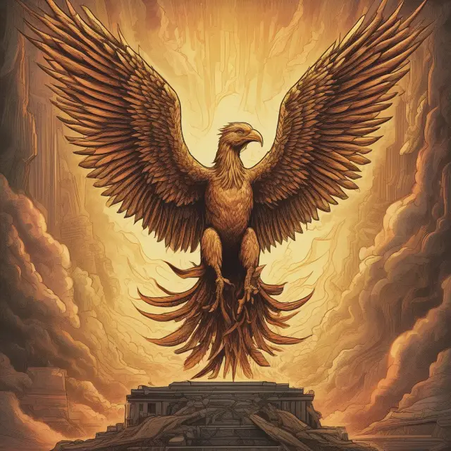 Phoenix symbolizing rebirth and recovery, holding an intricate gold esoteric debt security after the financial crisis.