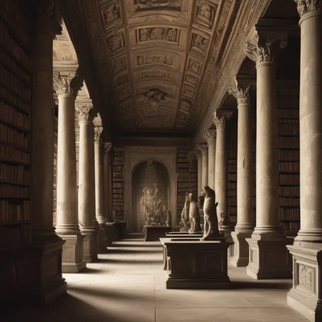 Esoteric debt library with scrolls and Sphinx guardians illustrating complex knowledge.