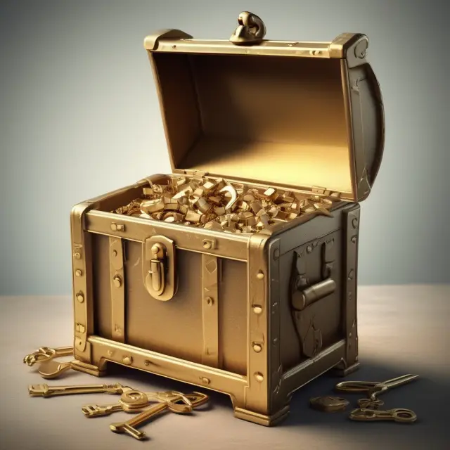 Golden key unlocking a chest filled with discounted company stocks (ESPPs) representing employee benefits