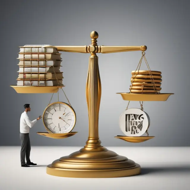 A person balancing stocks and books on a golden scale, symbolizing the employee