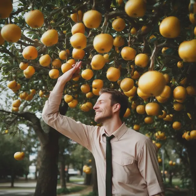 An employee plucking golden apples representing benefits from an ESPP tree, including discounted stock, long-term investment opportunities, and tax advantages