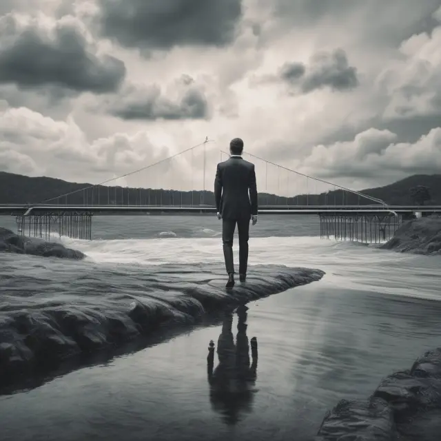 ESPP: An eligible employee reaches across the water, grabbing a bridge to buy discounted company stock. Emblematic of ESPP access and financial growth