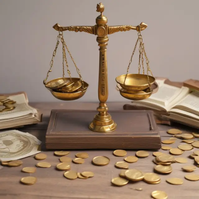 An estate will on an open book with gold coins spilling onto a scale, illustrating the process of wealth distribution through inheritance.
