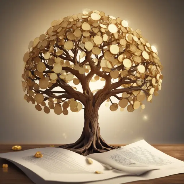 An image depicting a tree with gold coins intertwined with legal documents growing towards a glowing sun, representing the growth of wealth and wisdom through sound estate planning and legal advice.