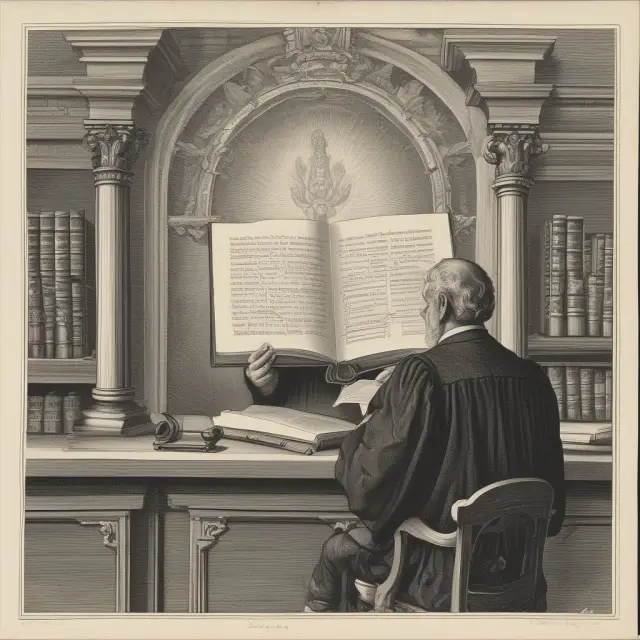 Judge scrutinizing a will under a magnifying glass in a courthouse setting, ensuring its legitimacy and authenticity during the probate process