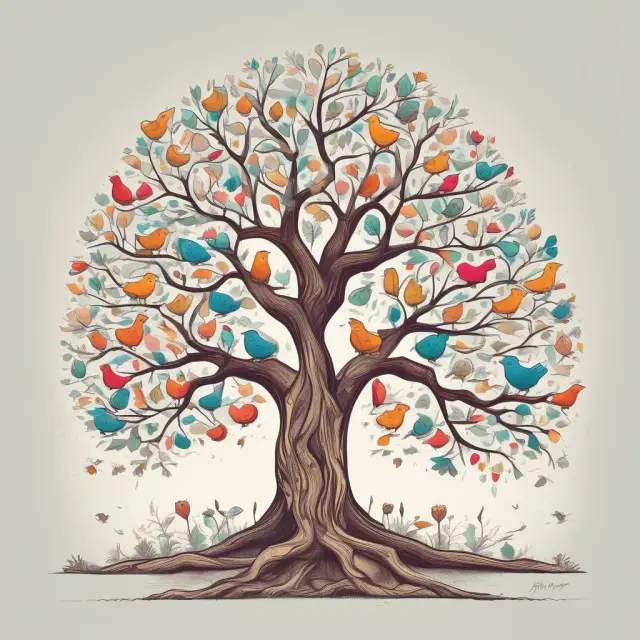 A tree laden with gift-giving birds and strong root system symbolizing trusts, nurturing wealth for future generations