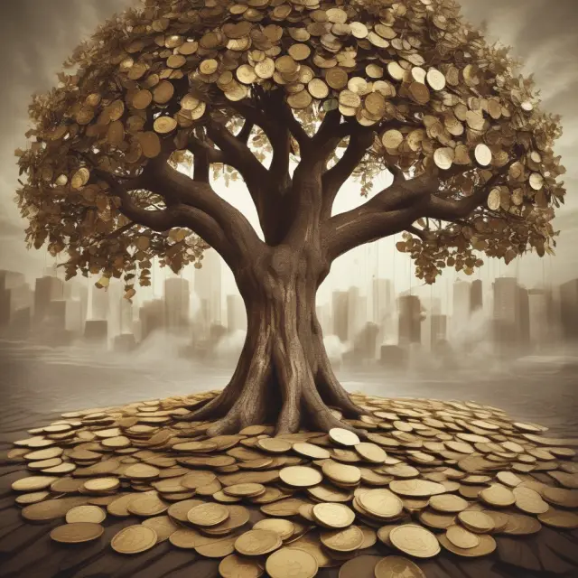 Golden tree representing estate planning for institutional investors, adorned with coins, trusts, and documents.
