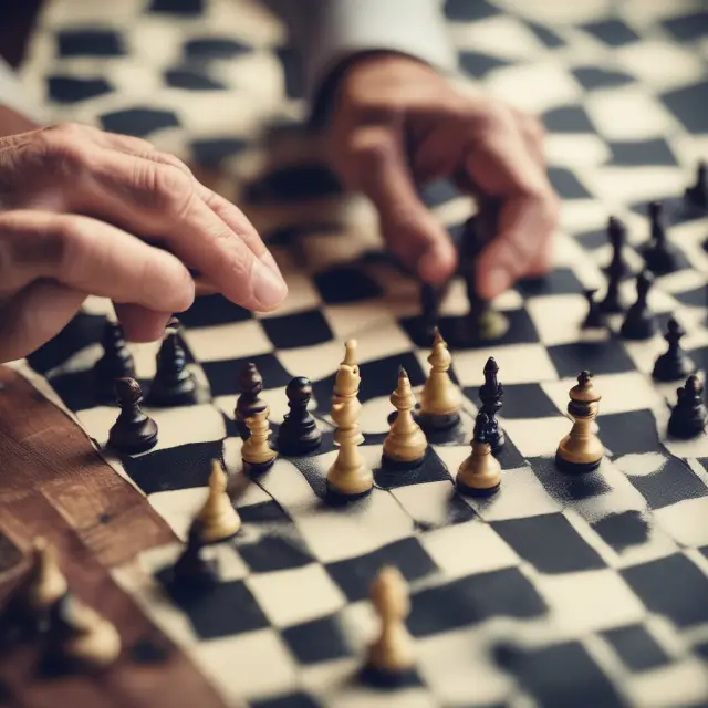 An estate planner sits at a table, contemplating the arrangement of various retirement accounts and insurance policies on a chessboard, as beneficiaries and trusts are considered for each piece.
