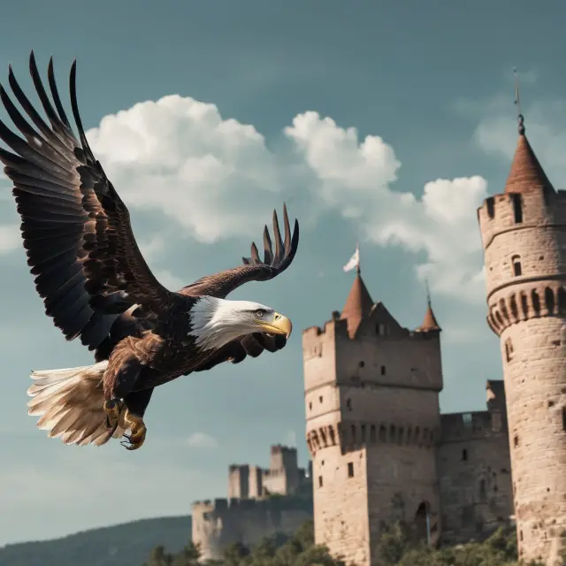 A noble eagle flying above an ancient castle represents the expertise and guidance of a financial professional in estate planning for institutional investors.