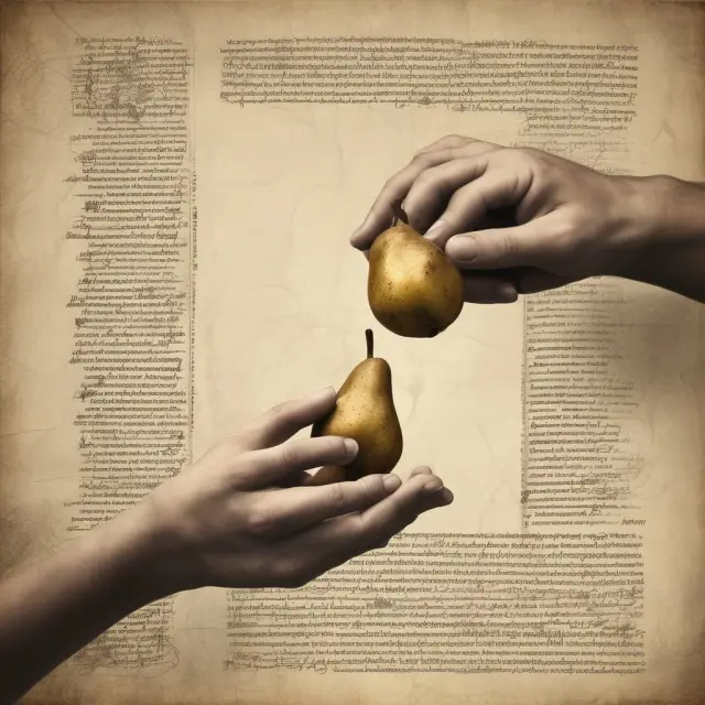 Hands passing a gold pear between two figures, signifying inheritance transfer on vintage scrolls