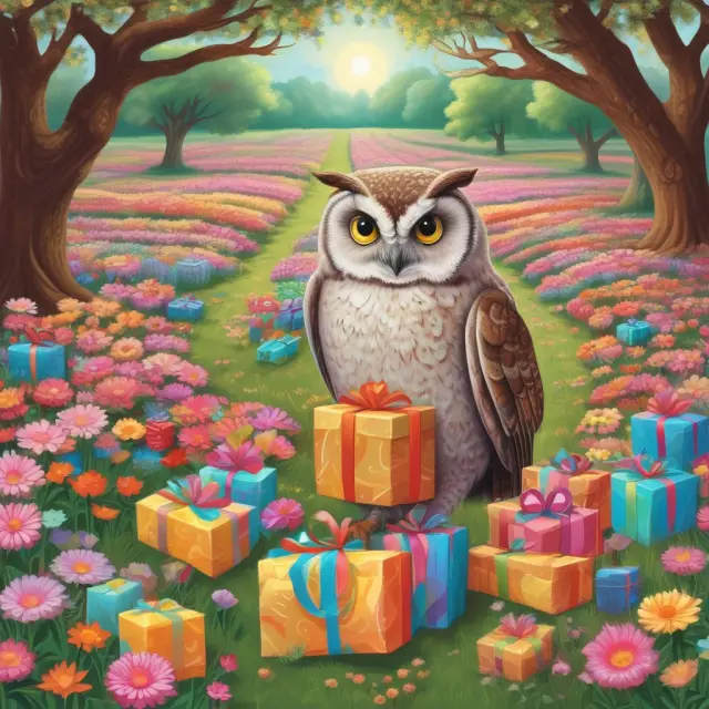 An owl distributing gifts among various heirs while flying above a lush, colorful field symbolizing tax credit opportunities