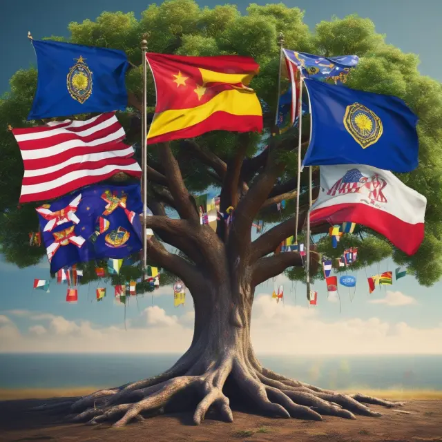 An image of an old tree with branches extending to different state flags, signifying the intricacies of estate tax planning across various jurisdictions.