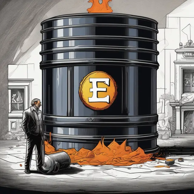 An institutional investor examines a large EUR barrel, with oil reserves flowing as lava, symbolizing the importance of evaluating and maximizing resource potential.