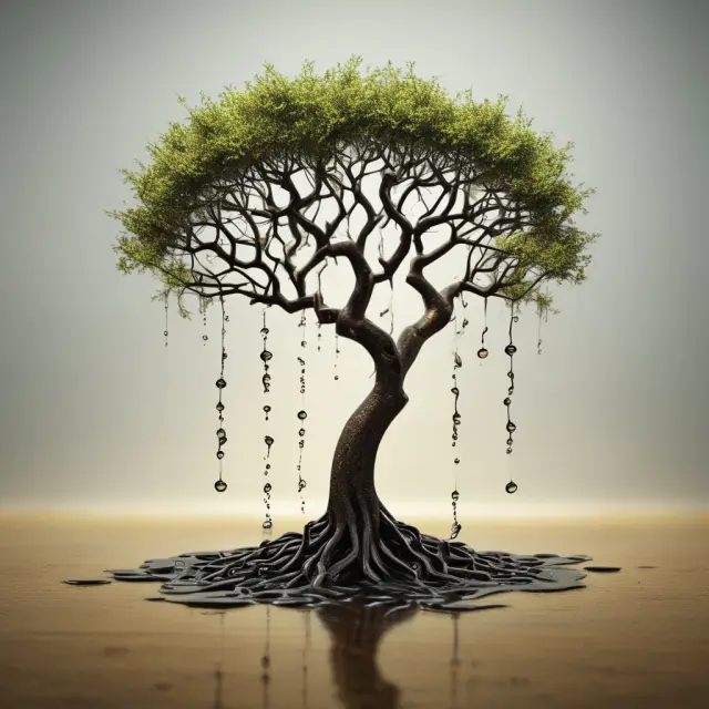Image of oil droplets forming an abundant tree (success stories) and a wilting branch (failures), symbolizing Estimated Ultimate Recovery in the oil industry