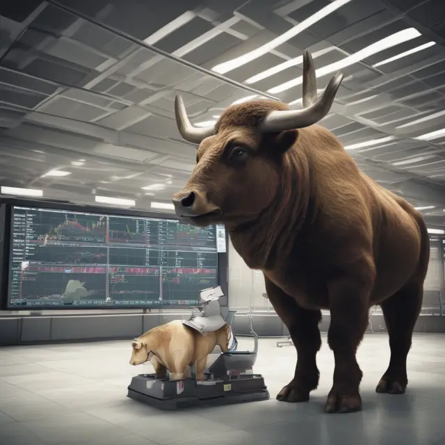 A bustling market floor featuring an agile ETF bull and a passive mutual fund bear trading against each other, representing their unique investment characteristics