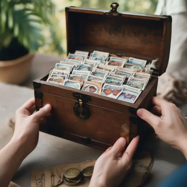 Person selects ETF labels from a chest, enhancing their investment portfolio