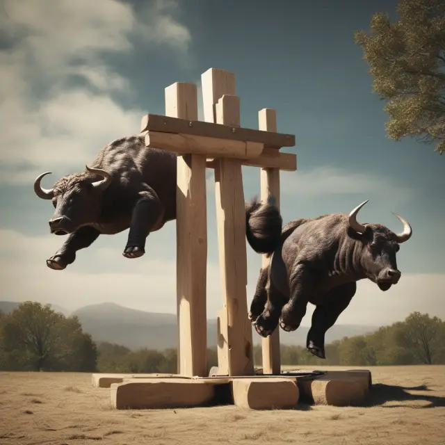 A market scene with a bull and bear cubs engaging in intraday ETF trading on a seesaw