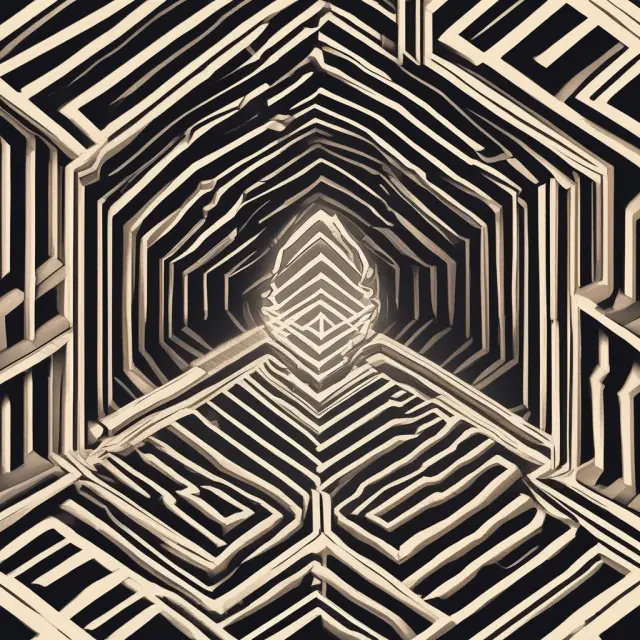 An intricate labyrinth representing Ethereum FAQ, with ether illuminating the way for answers.