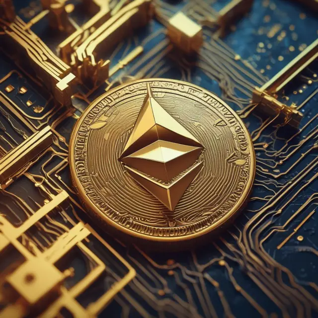 Golden ethereum coin symbolizing value hovering above the Ethereum blockchain, emphasizing its connection and role in transactions.