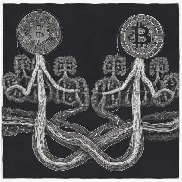 An illustration of two trees with intertwined roots representing Ethereum and Bitcoin, their sizes depicting their market capitalizations.