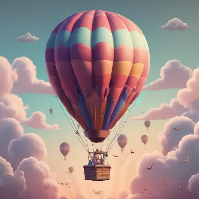 Hot air balloon being filled with ether as it ascends into a clear sky, symbolizing the power of ether in fueling scalability improvements within Ethereum blockchain.