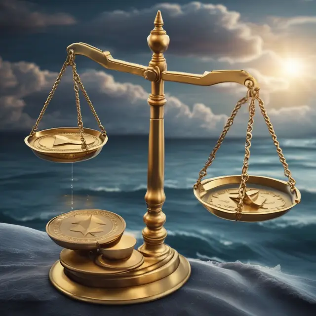 An Ethereum coin symbol on a balance scale, with one side displaying gold coins representing rewards and the other, waves of water symbolizing risks