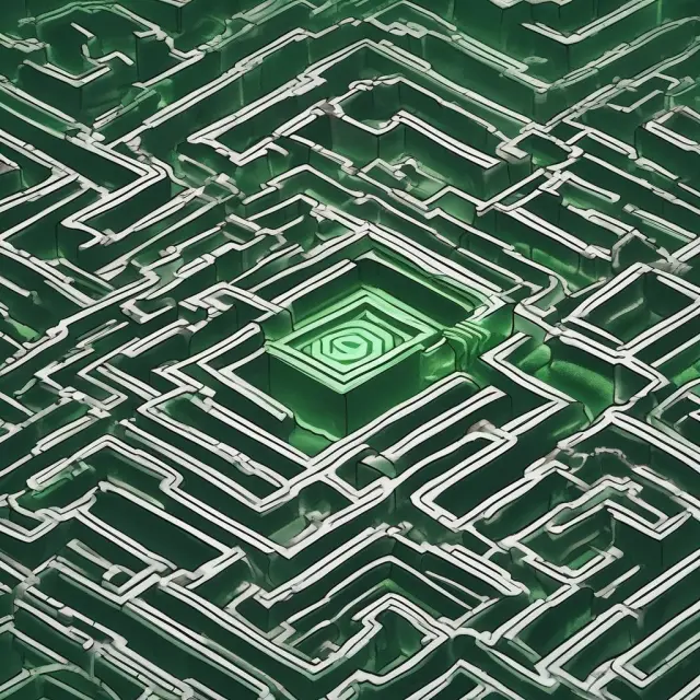 Miner navigating a complex labyrinth, GPU in hand, to mine Ethereum Classic blocks