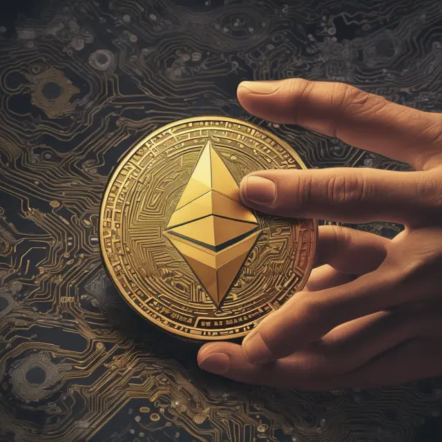 A programmer holds a gold coin representing Ether, fueling their interaction with a decentralized application on Ethereum