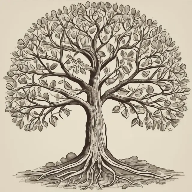 A Quaker seedling growing into a large, flourishing Islamic tree with roots representing various historical influences on ethical investing