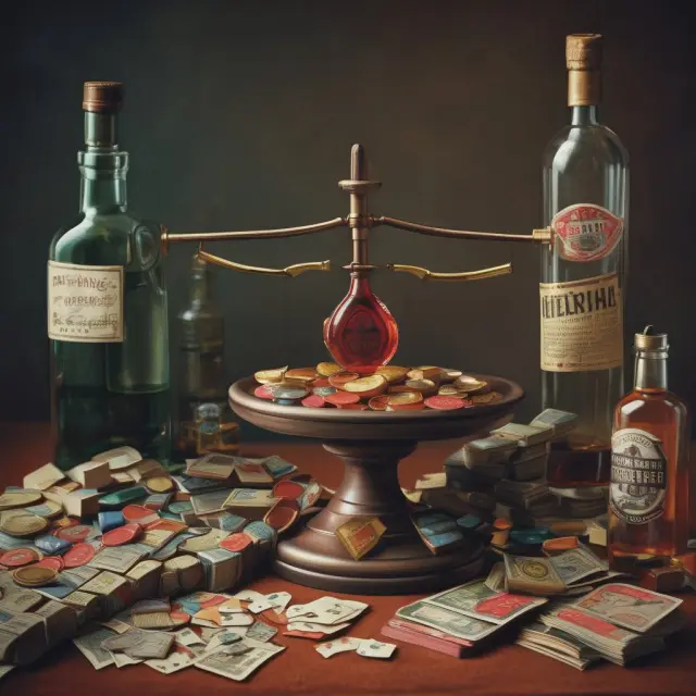 A balance scale with gambling chips, an alcohol bottle, a cigarette, and a firearm symbolizing the ethical dilemma of investing in sin stocks